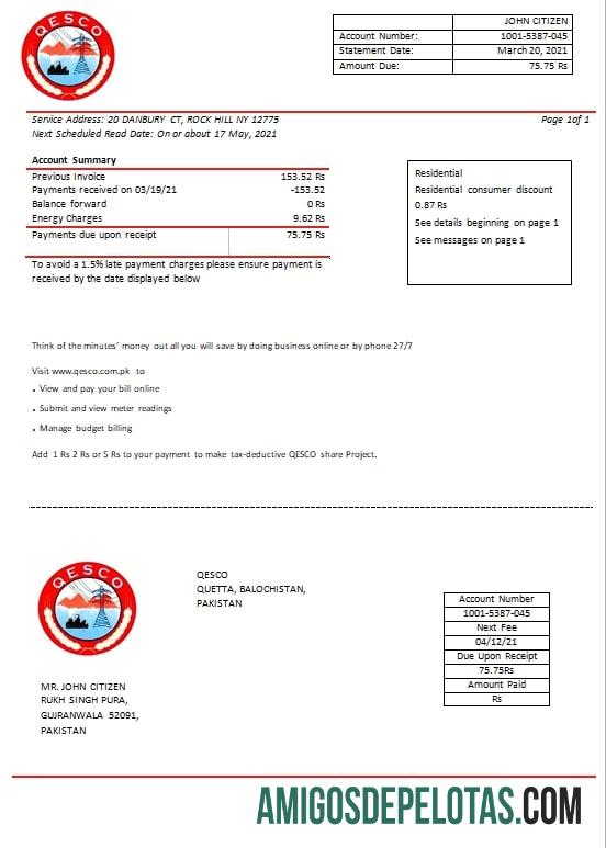 Para baixar modelo de conta de serviços públicos de eletricidade da Paquistão Quetta Electric Supply Company em formato Word e PDF